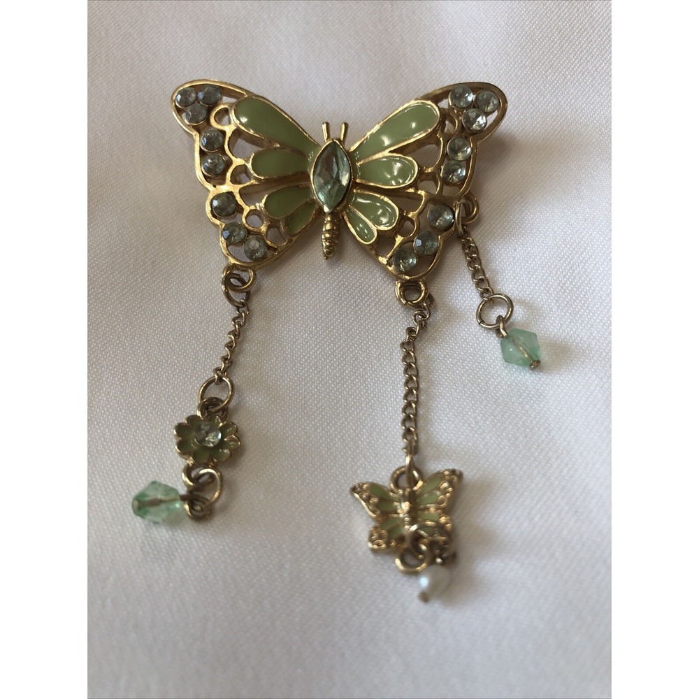 Green Enamel & Goldtone Butterfly Rhinestones & Dangling Charms Brooch Pin
